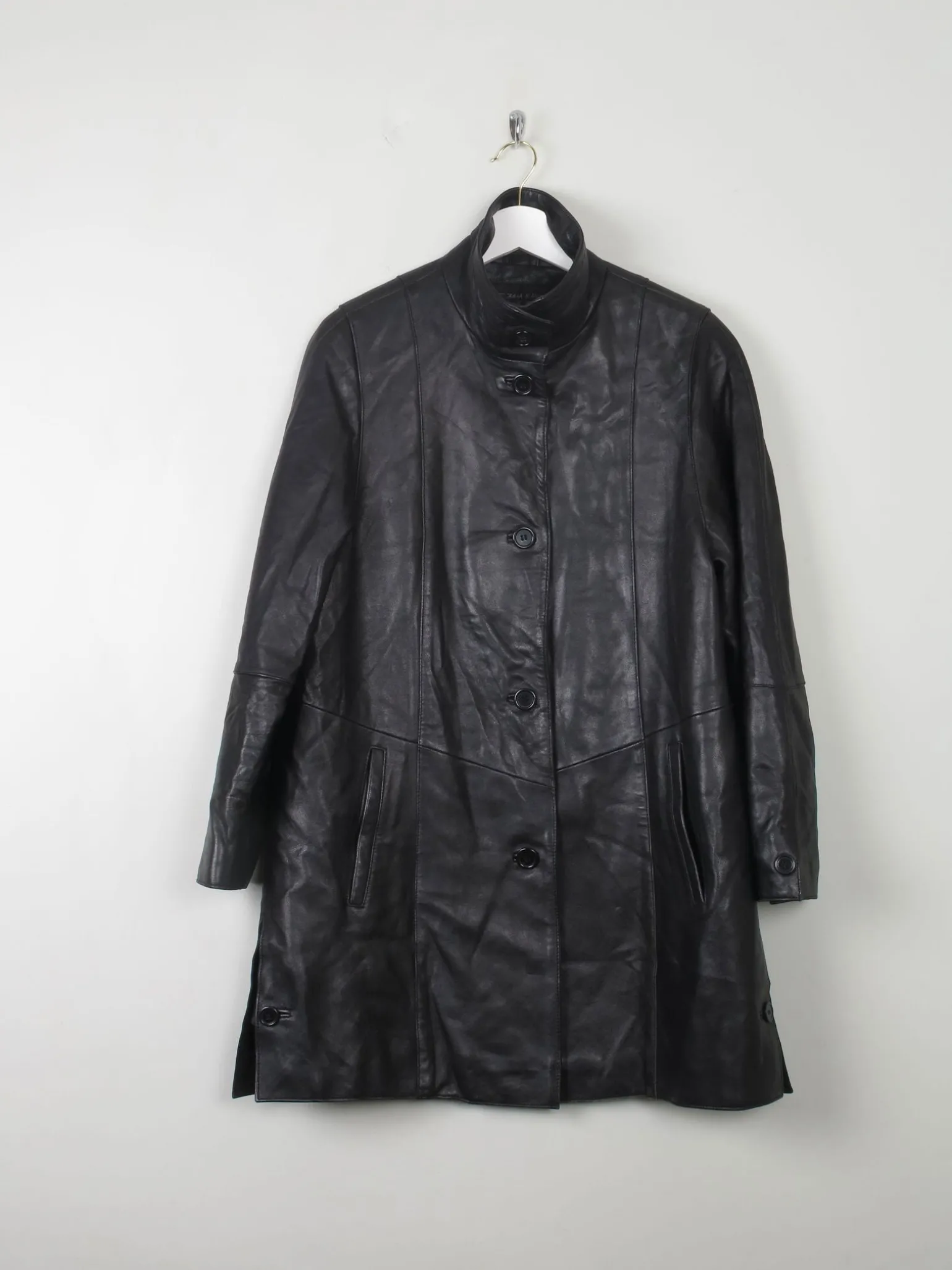Women's Vintage Black Leather Long Jacket M