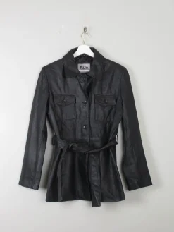 Women's Vintage Black Leather Fitted jacket With Belt M