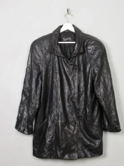 Women's Vintage Black Leather Long Jacket M/L
