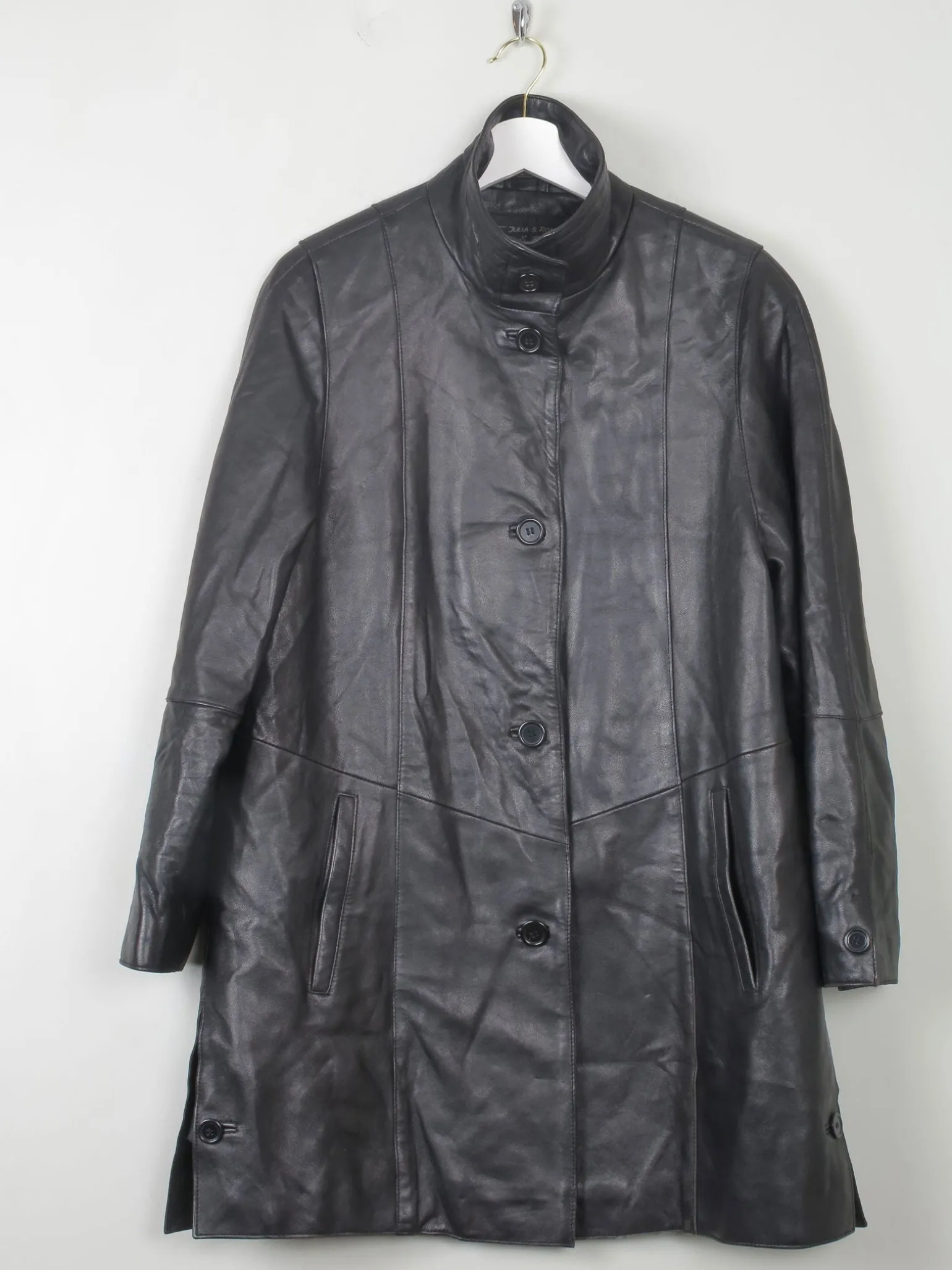 Women's Vintage Black Leather Long Jacket M