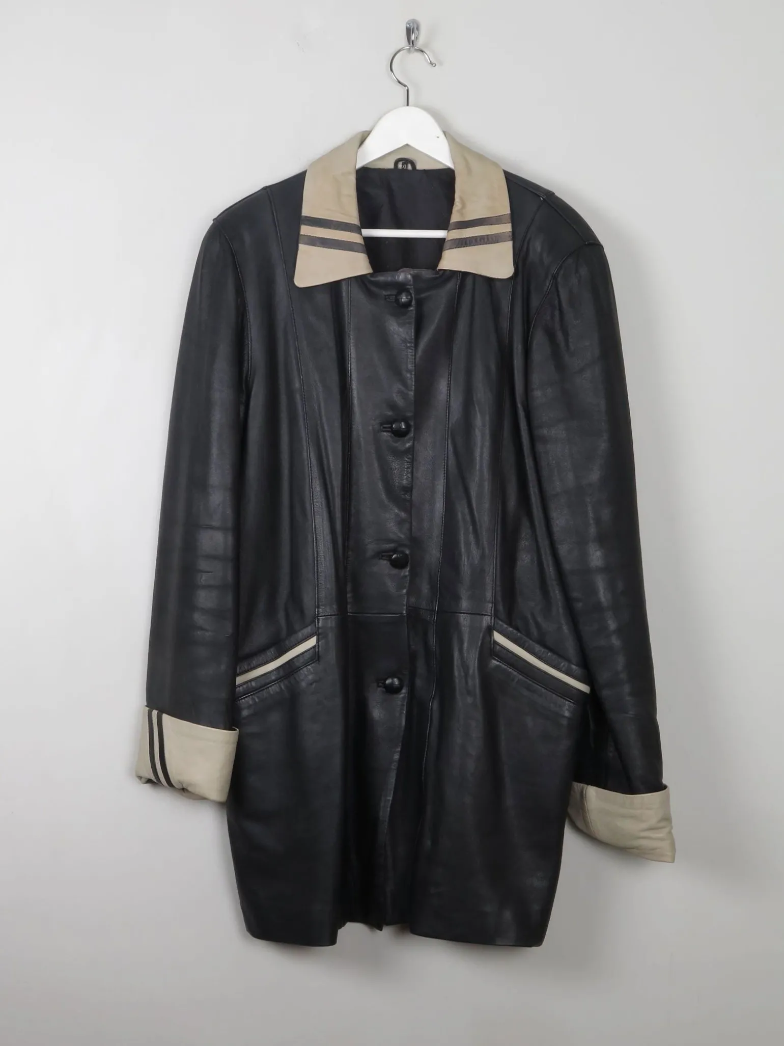 Women's Vintage Black Leather Coat L/XL