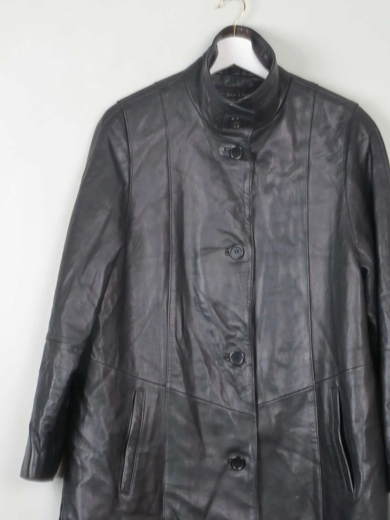 Women's Vintage Black Leather Long Jacket M