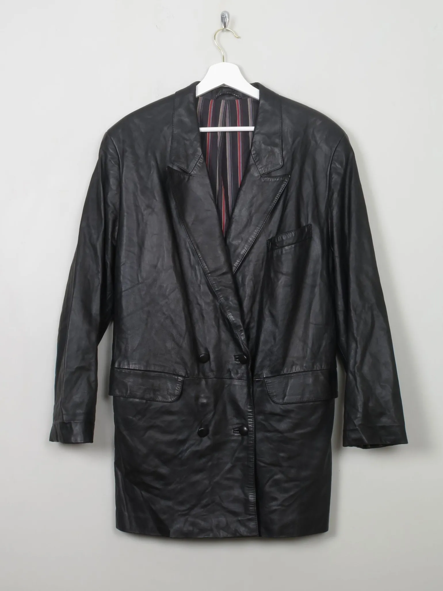 Women's Vintage Black Leather Long Jacket M/L