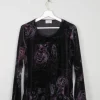 Women's Vintage Black Velvet Top With Embossed Prints S