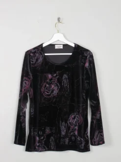 Women's Vintage Black Velvet Top With Embossed Prints S
