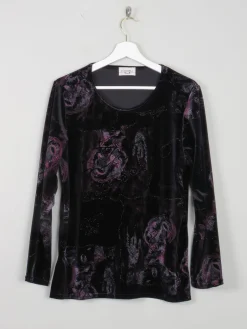 Women's Vintage Black Velvet Top With Embossed Prints S