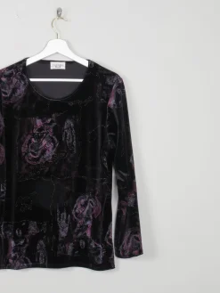 Women's Vintage Black Velvet Top With Embossed Prints S
