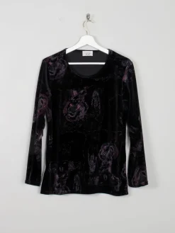 Women's Vintage Black Velvet Top With Embossed Prints S