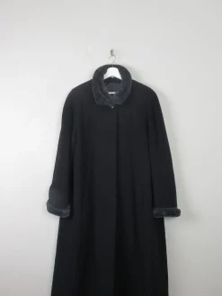 Women's Vintage Black Wool Long Flared Coat L/XL