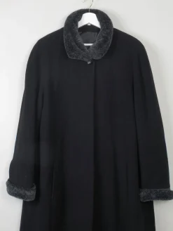 Women's Vintage Black Wool Long Flared Coat L/XL