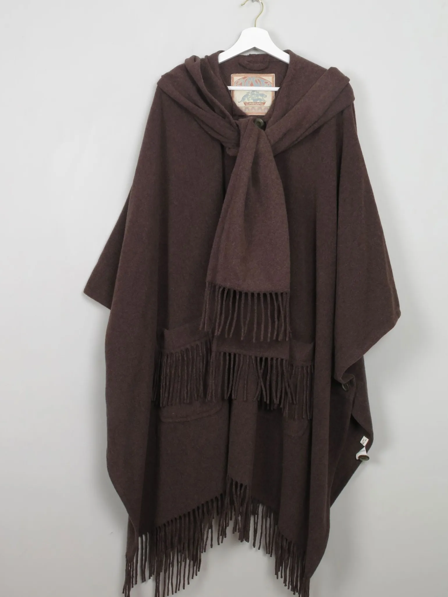 Women's Vintage Brown Fringed Cape Coat One Size