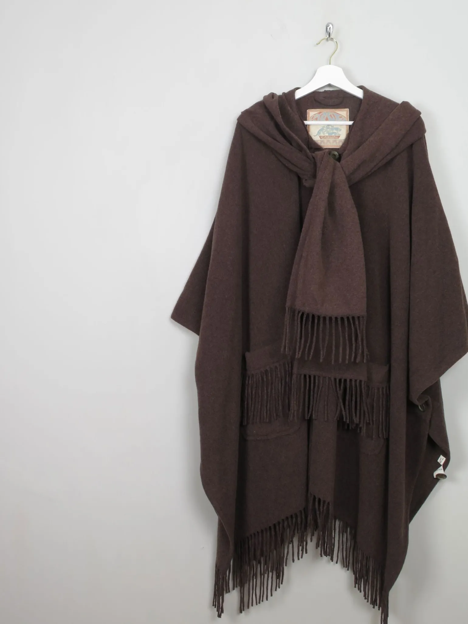 Women's Vintage Brown Fringed Cape Coat One Size