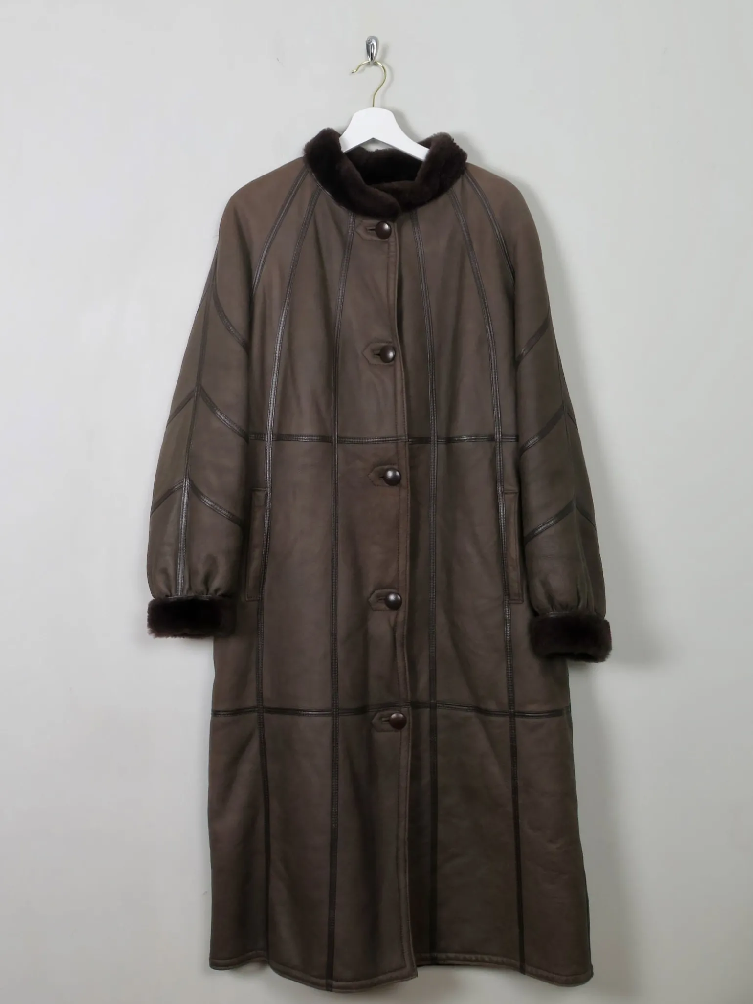 Women's Vintage Brown Shearling Long Coat M/L
