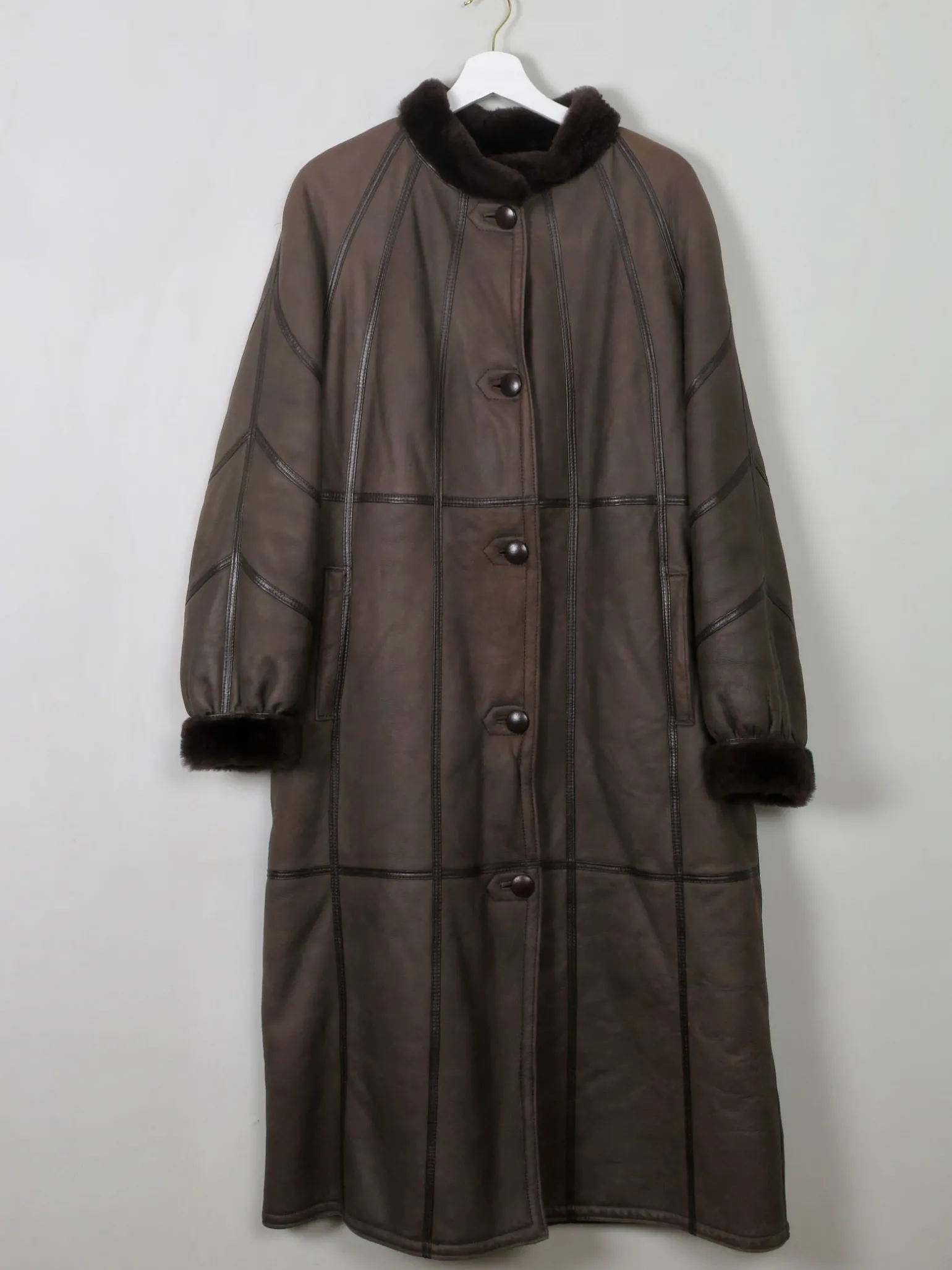 Women's Vintage Brown Shearling Long Coat M/L