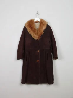 Women's Vintage Brown Sheepskin Coat With Furry Collar M