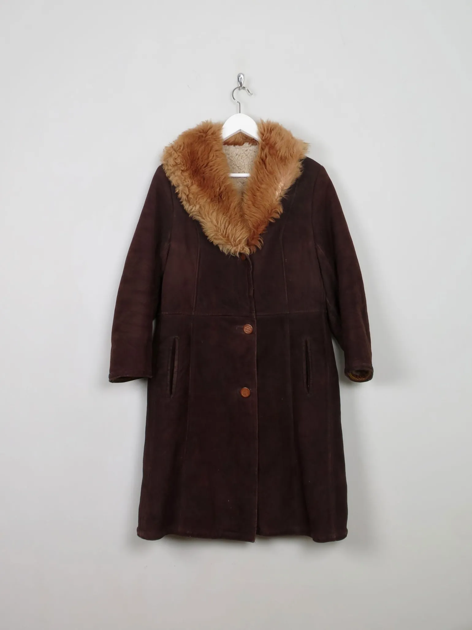 Women's Vintage Brown Sheepskin Coat With Furry Collar M