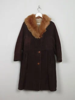 Women's Vintage Brown Sheepskin Coat With Furry Collar M