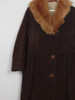 Women's Vintage Brown Sheepskin Coat With Furry Collar M