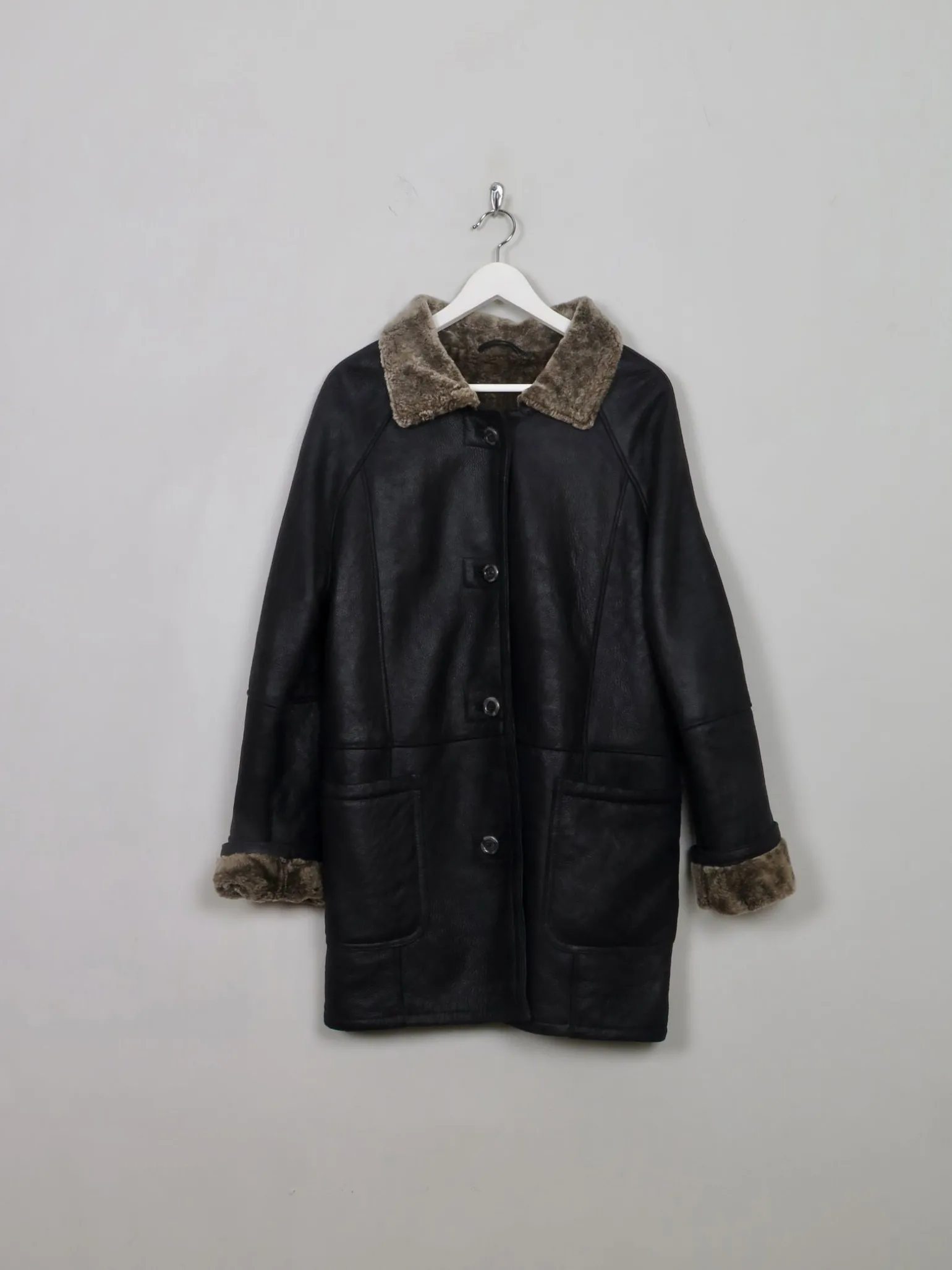 Women's Vintage Charcoal Black Sheepskin Coat S/M