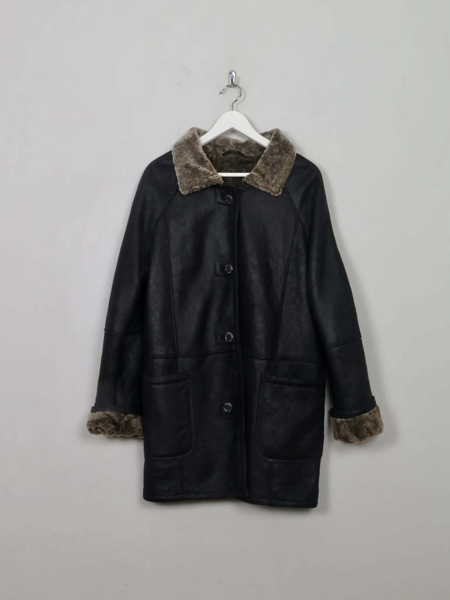 Women's Vintage Charcoal Black Sheepskin Coat S/M