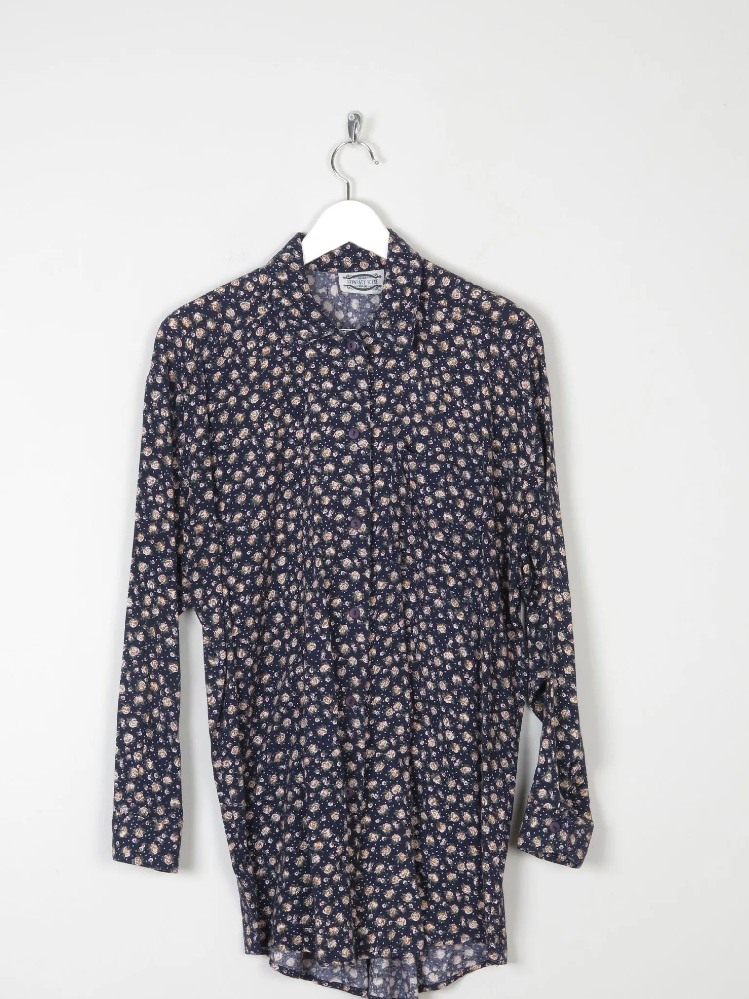 Women’s Vintage Floral Print Navy Blouse S-L