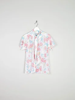 Women’s Vintage Floral Short-Sleeved Blouse With Tie Neck S