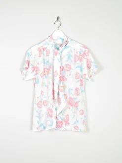 Women’s Vintage Floral Short-Sleeved Blouse With Tie Neck S