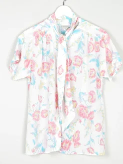 Women’s Vintage Floral Short-Sleeved Blouse With Tie Neck S