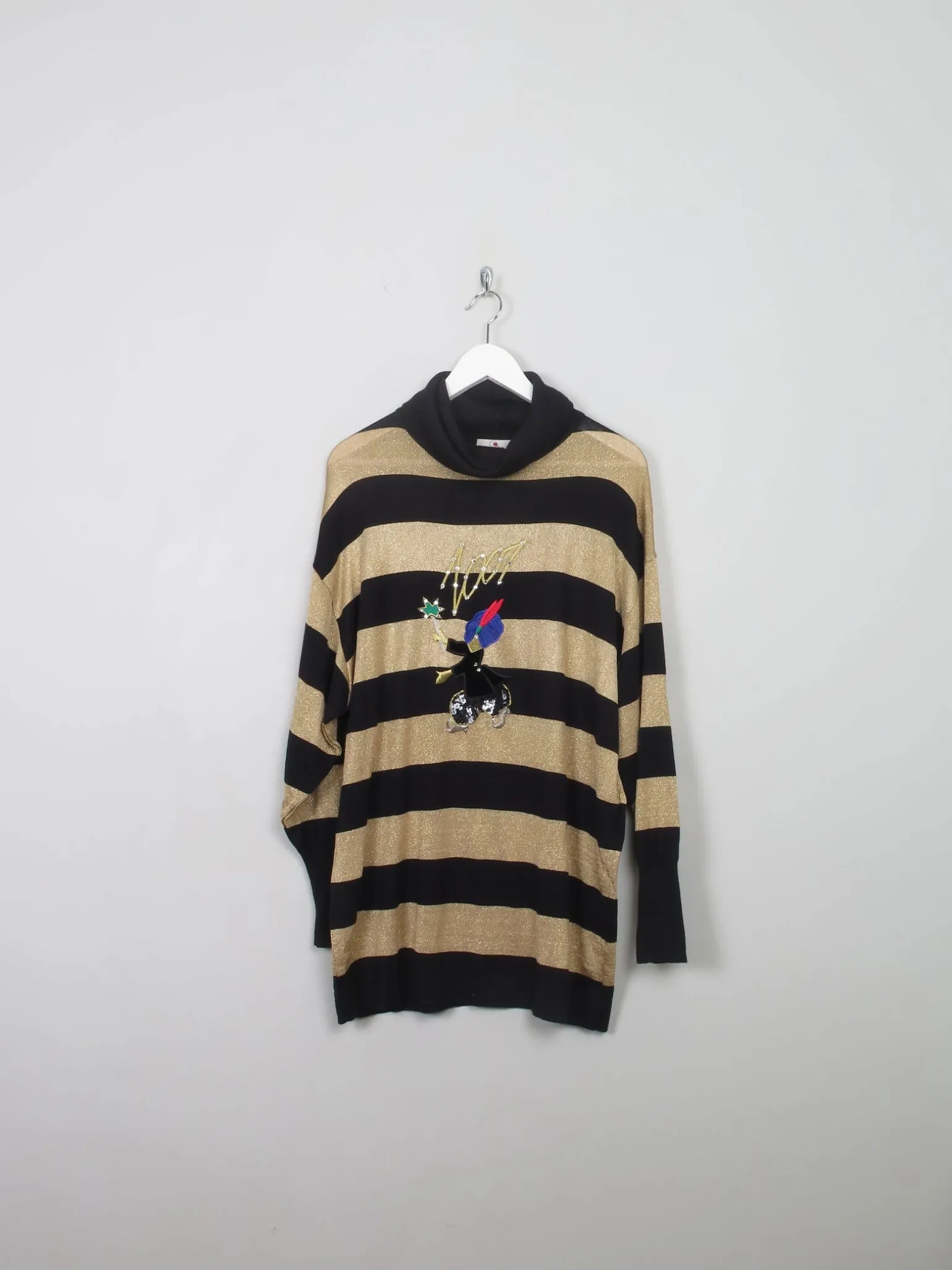 Women's Vintage Gold Striped Oversized Polo Neck Jumper M/L/XL