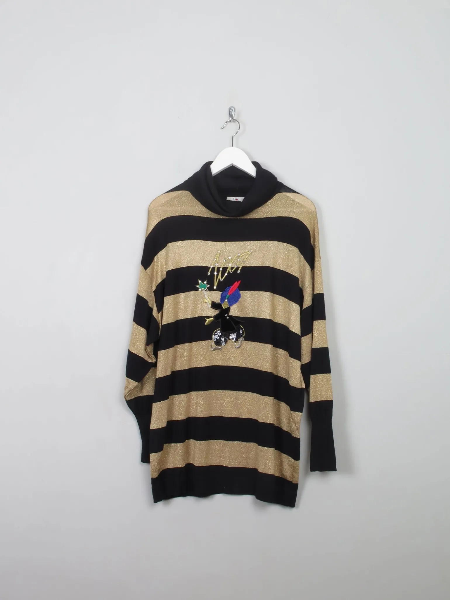 Women's Vintage Gold Striped Oversized Polo Neck Jumper M/L/XL