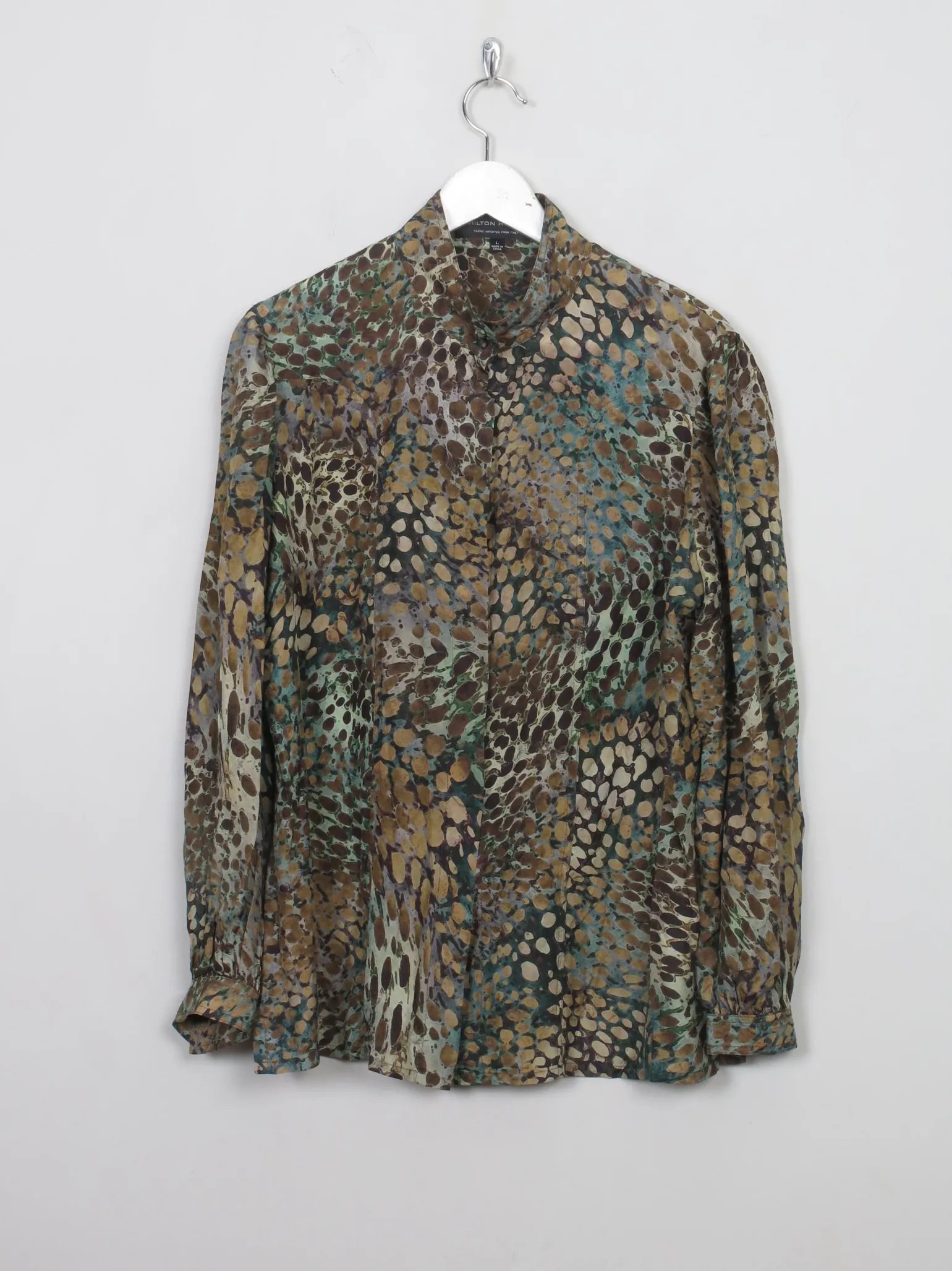 Women's Vintage Green Silk Printed Blouse L