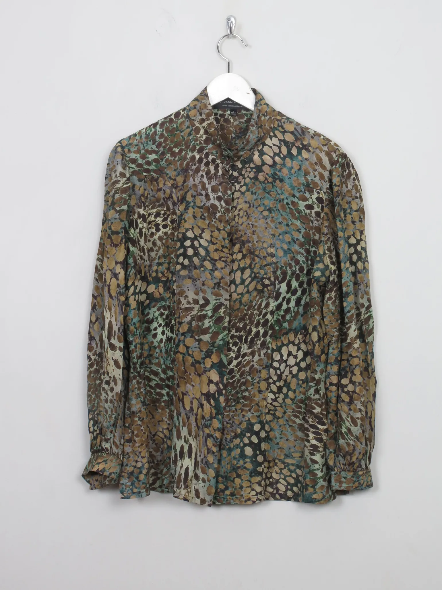 Women's Vintage Green Silk Printed Blouse L