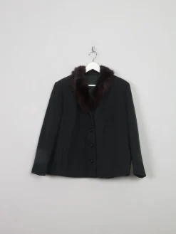 Women's Vintage Green Wool Jacket With Fur Collar L