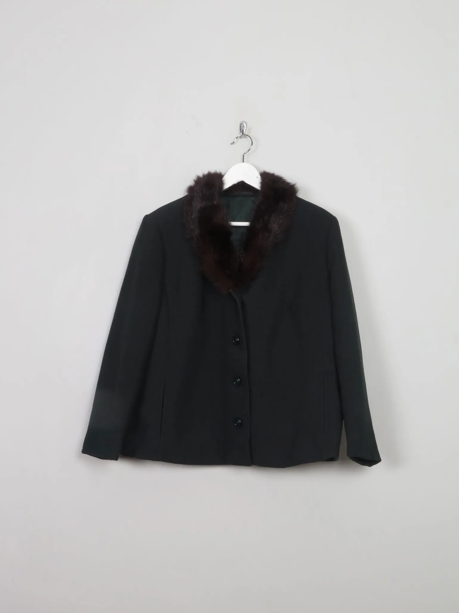 Women's Vintage Green Wool Jacket With Fur Collar L