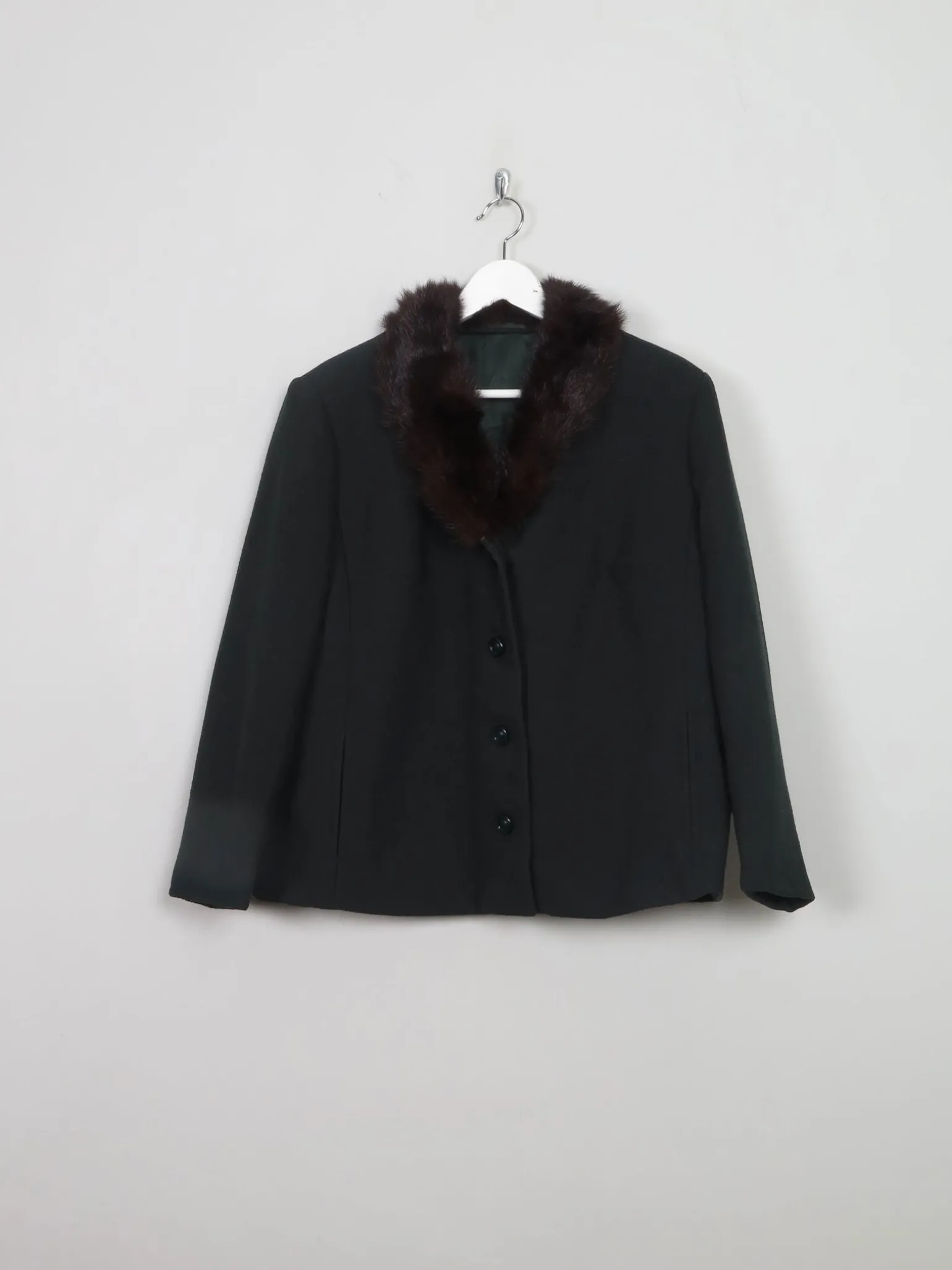 Women's Vintage Green Wool Jacket With Fur Collar L