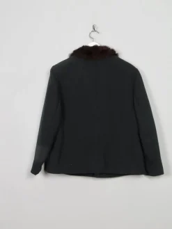 Women's Vintage Green Wool Jacket With Fur Collar L