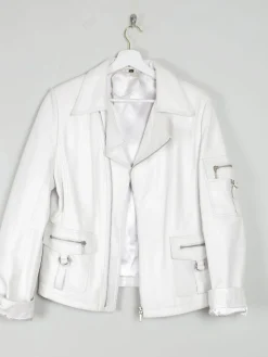Women's Vintage Leather Biker Jacket Ivory Like New  S-L