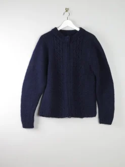 Women's Vintage Navy Wool Hand Knit Cardigan With Zip M