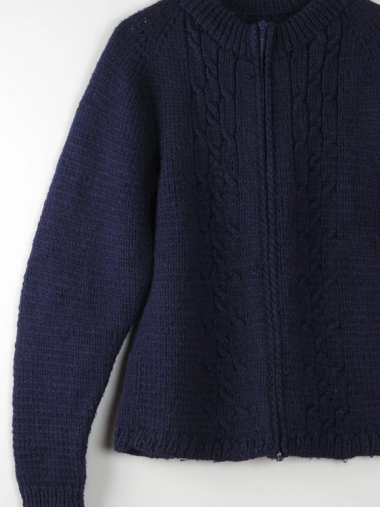 Women's Vintage Navy Wool Hand Knit Cardigan With Zip M