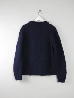 Women's Vintage Navy Wool Hand Knit Cardigan With Zip M