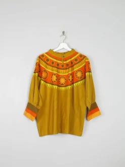 Women’s Vintage Orange/green/Yellow Smocked Top 1960s S/M