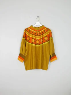 Women’s Vintage Orange/green/Yellow Smocked Top 1960s S/M