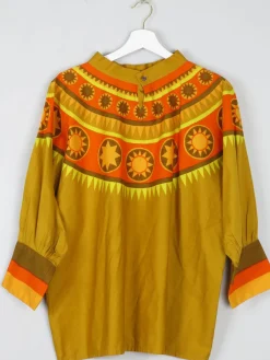 Women’s Vintage Orange/green/Yellow Smocked Top 1960s S/M
