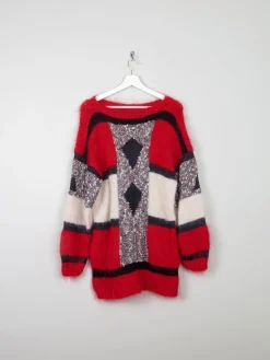 Women's Vintage Red Mohair Patchwork Hand-knit Jumper M/L