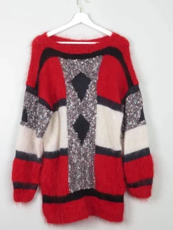 Women's Vintage Red Mohair Patchwork Hand-knit Jumper M/L