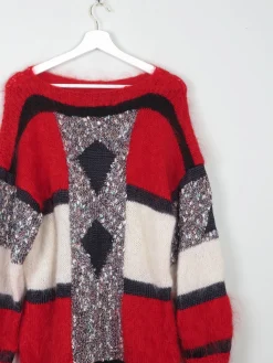 Women's Vintage Red Mohair Patchwork Hand-knit Jumper M/L