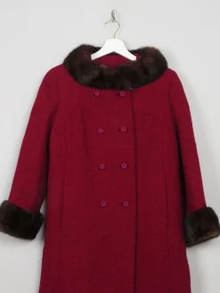 Women's Vintage Red Tweed Coat With Mink Trims S/M