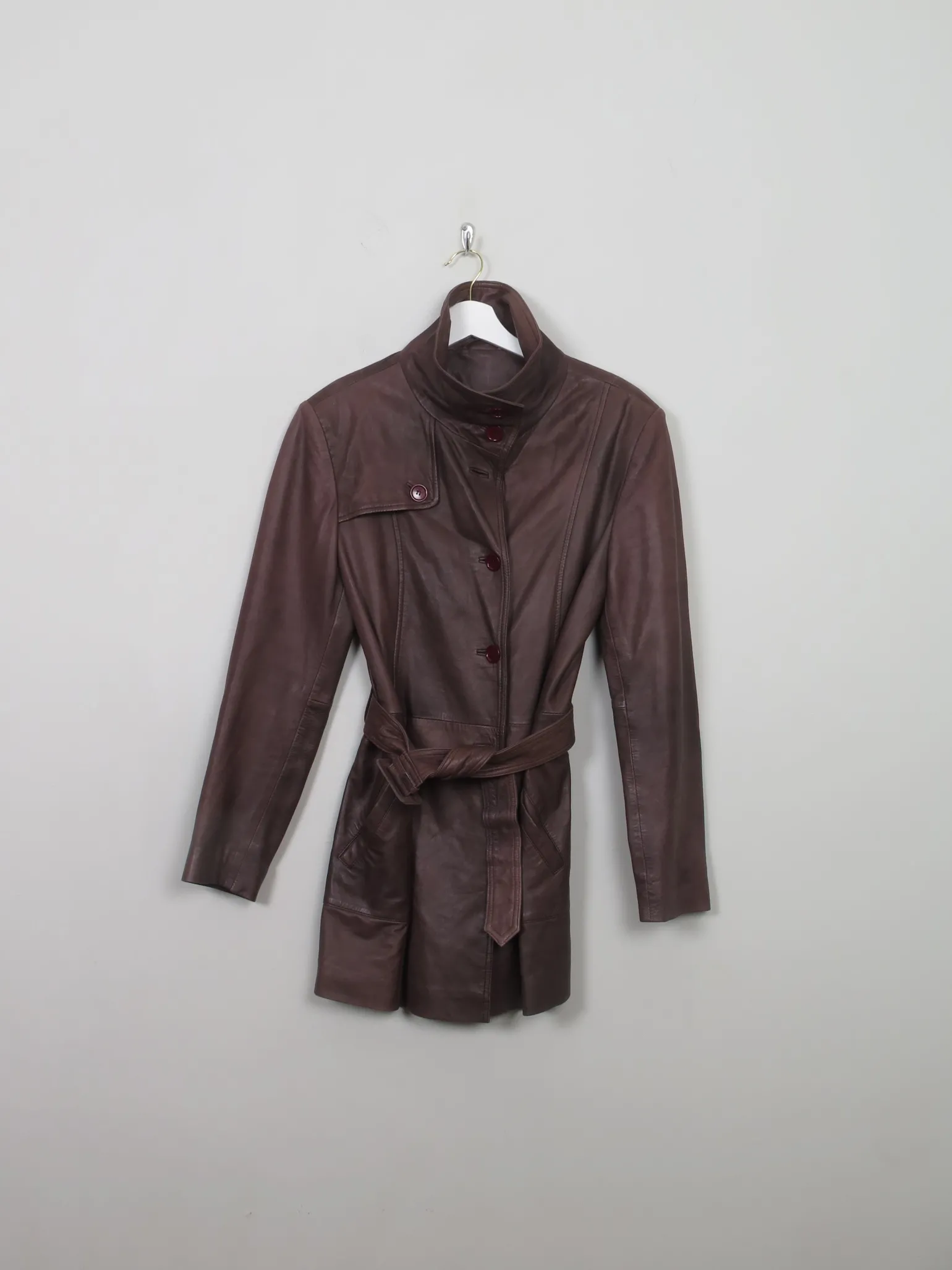 Women's Vintage Soft Brown Leather Belted Short Coat S/M