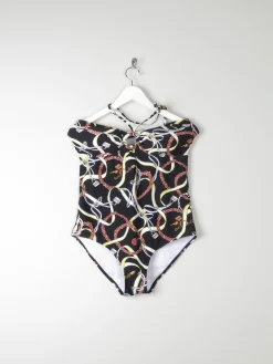 Women’s Vintage Style Halter-neck Padded Black Swimsuit With Horse Bit Print 48 XL