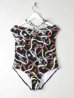 Women’s Vintage Style Halter-neck  Padded Black Swimsuit With Horse Bit Print 48 XL